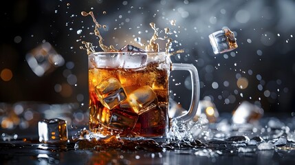 Whiskey Drink Splashing in Glass with Ice Cubes Captured in Motion