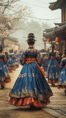 A vibrant reenactment of a Donghak movement gathering, showing the legacy alive in contemporary Korea,เำืำพฟะรอำ ฟร