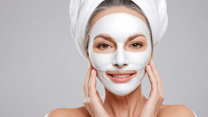 Mature woman applying white face mask skin healthy and beauty treatment
