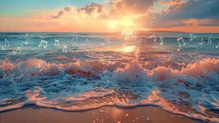 A peaceful ocean scene at sunset, with sound waves and musical notes blending into the waves, symbolizing the calming effect of nature sounds