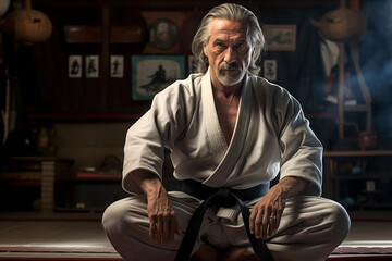 Japanese mature martial art sensei master in traditional dojo. Generative AI