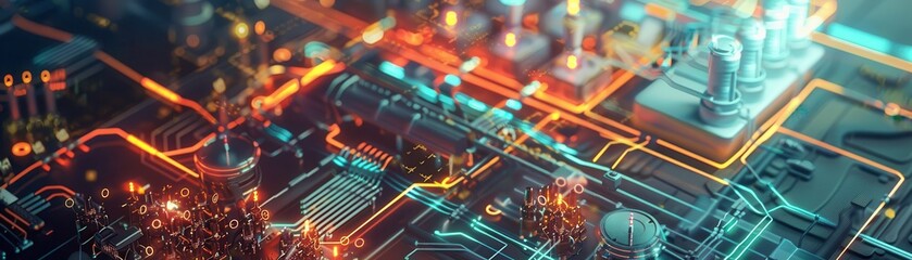 A detailed close-up of electronic circuits and components on a motherboard, showcasing advanced technology and vibrant lighting effects.