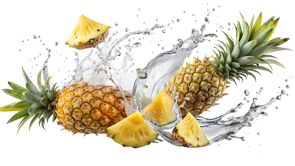 pineapple pieces fruit splashed with water on a white background