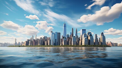 A wide shot of the New York City skyline from across water