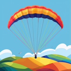 Colorful paraglider above rolling hills flat design front view