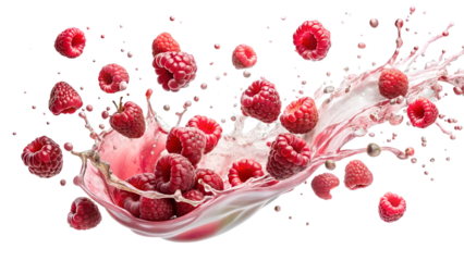 raspberry pieces fruit splashed with water on a white background