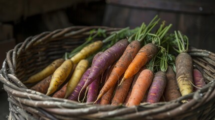 A variety of carrots in a rustic basket, arranged artistically, with natural light highlighting their colors and textures