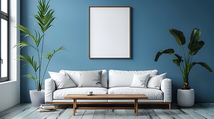 A living room with blue wall paint, white sofa and wooden coffee table. The style is minimalistic interior design. There's an empty picture frame on the wall above the couch.