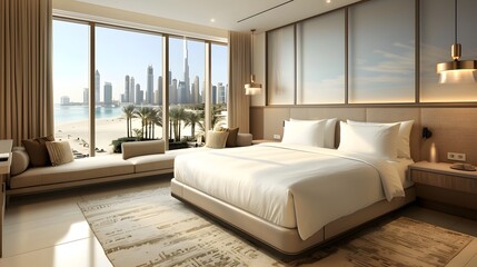 Fototapeta premium A luxurious hotel room with an ocean view, featuring a king bed and plush seating area. A beige carpet adds warmth to the space, while pendant lights cast soft light on white walls.