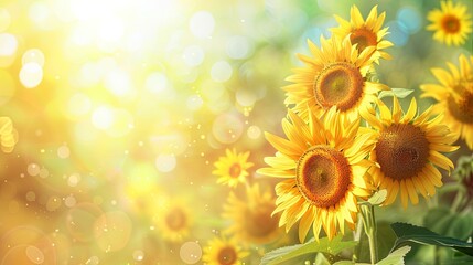 Obraz premium Sunflower on blurred sunny nature background. Horizontal agriculture summer banner with sunflowers field