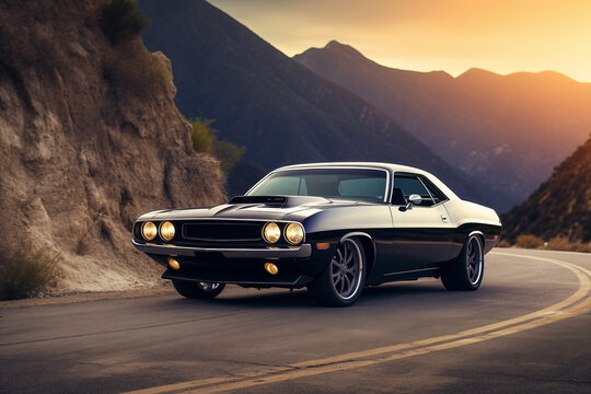 Muscle car parked on open road with scenic backdrop. Generative AI