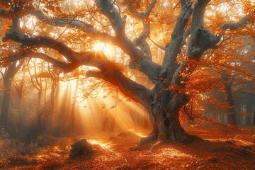 Magical old tree with sun rays in the morning. Amazing forest in fog. Colorful landscape with foggy forest, gold sunlight, red foliage at sunrise. Fairy forest in autumn. Fall woods. Enchanted tree