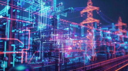 Fototapeta premium A vibrant digital landscape showcasing an abstract representation of circuits and neon lights, symbolizing technology and innovation.