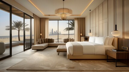 A luxurious hotel room with an ocean view, featuring a king bed and plush seating area. A beige carpet adds warmth to the space, while pendant lights cast soft light on white walls.