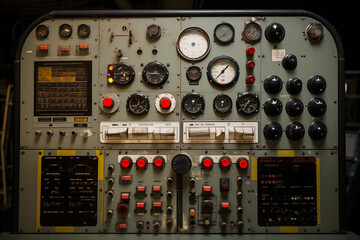 Vintage electrical control panel with buttons and gauges. Generative AI