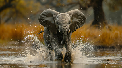 Majestic Elephant Charging Through Water in African Wilderness, Captured in Stunning Detail and Vibrant Colors