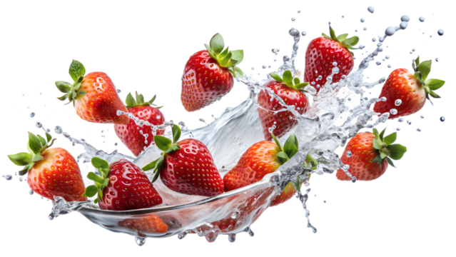 strawberry pieces fruit splashed with water on a white background