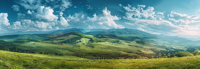 Romanian countryside landscape. Sunny afternoon. Beautiful springtime landscape with rolling hills and grassy fields.