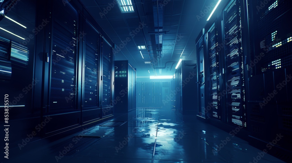 Poster image of data center with many rows of fully operational server racks. modern telecommunications, cl