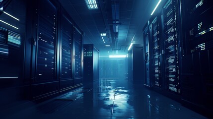 Image of Data Center With Many Rows of Fully Operational Server Racks. Modern Telecommunications, Cloud Computing, Stock, Database, Super Computing Concept.