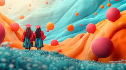 Two Graduates in Caps and Gowns Standing in a Surreal, Colorful Landscape with Floating Spheres