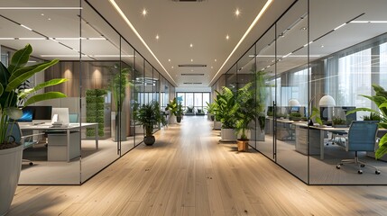 A modern office space with glass walls, white and blue accents, wooden flooring, green plants in planters on the wall, creating an atmosphere of bright light and professional ambiance.