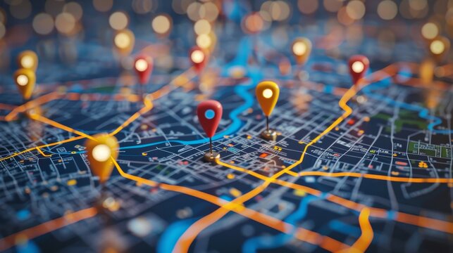 Customer Mapping: A 3D vector illustration of a map with pins representing customer locations