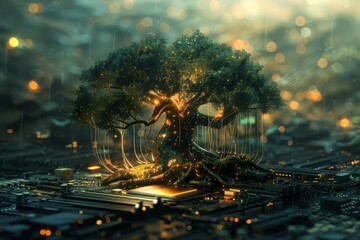 Obraz premium Illuminated Tree on Circuit Board at Night 