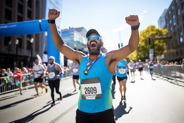 Jubilant marathon runner, crossing the finish line with arms outstretched in victory. Generative AI