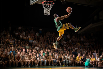 Fototapeta premium Confident basketball player soaring through the air for a slam dunk. Generative AI