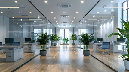 A modern office space with glass walls, white and blue accents, wooden flooring, green plants in planters on the wall, creating an atmosphere of bright light and professional ambiance.