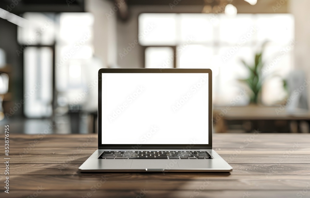 Poster mockup of a computer on a table with a white background and a blank screen.