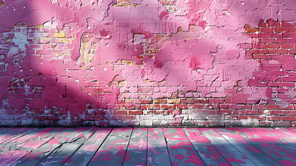 Vibrant Pink Brick Wall with Weathered Texture and Wooden Floor in Sunlight