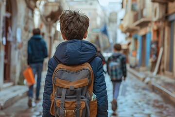 Obraz premium Boy walks narrow street backpack