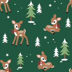 Seamless vector pattern with cute Christmas deer with pine trees. Perfect for textile, wallpaper or print design.