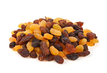 Pile of mixed raisins isolated on white