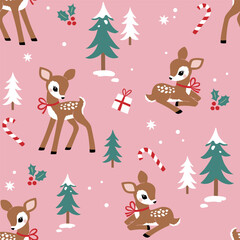 Seamless vector pattern with cute Christmas deer with pine trees. Perfect for textile, wallpaper or print design.