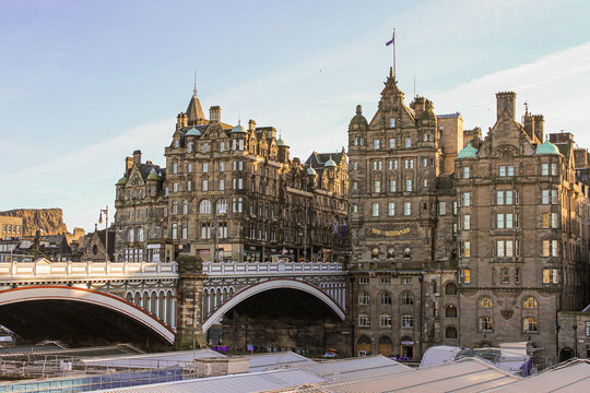 Edinburgh, Scotland. Views of the North Bridge and the Old Town from Waverley Station