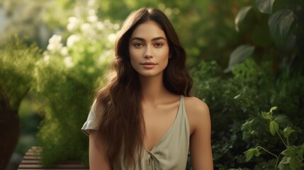 Fototapeta premium Young woman with long, wavy brown hair and natural makeup sitting in a lush garden. She wears a light green dress, exuding elegance and tranquility amidst the vibrant greenery and soft sunlight