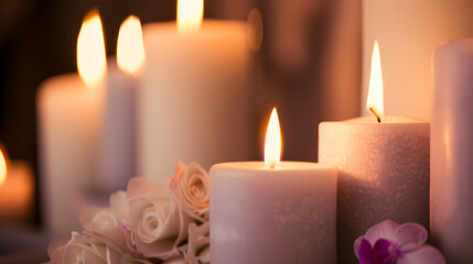 Warm and Cozy Candlelit Scene with Soft Glow and Floral Decorations for Relaxation and Tranquility