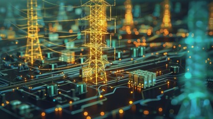 Abstract representation of digital technology and energy with glowing power lines and circuitry illustrating a smart grid system.