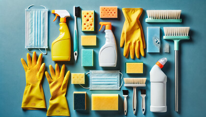 Flat Lay of Essential Cleaning Supplies on a Blue Background