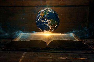 The light from inside the book illuminates the planet Earth, symbolizing knowledge enlightening the world.