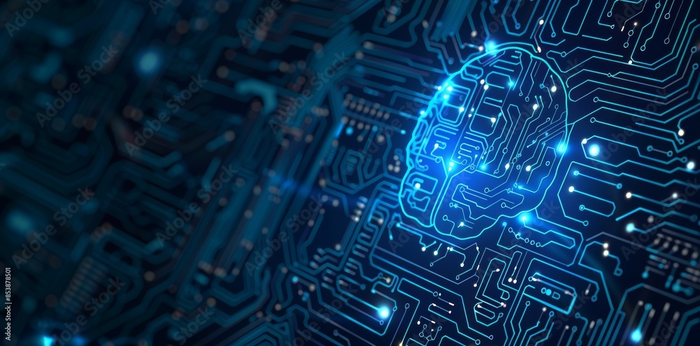 Poster the brain and binary code circuit are abstracted on a blue background. chip, data, stock, and the fu