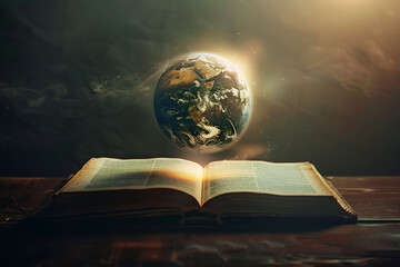 The light from inside the book illuminates the planet Earth, symbolizing knowledge enlightening the world.