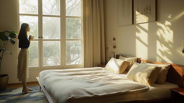 an asian girl standing next to the huge window with veneer relaxing and holding a cup of espresso, grey and creamy paint wall, a wide window with veneer, the sun light gently shines onto her face, lar