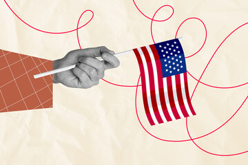 Creative image picture collage of anonym person hold american flag celebrate 4th july on pastel...