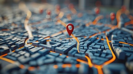 Geographic Information System (GIS): A 3D vector illustration of a map with pins marking locations of transportation routes