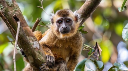 Obraz premium A spider monkey with expressive eyes perched alone on a tree branch in a natural habitat
