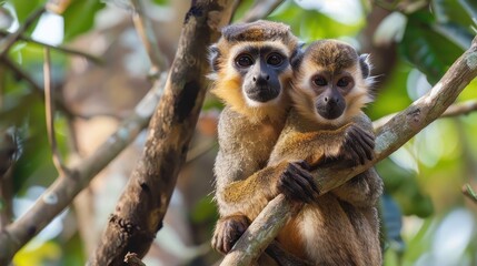 Fototapeta premium A pair of monkeys showing affection and bonding while sitting on a tree branch